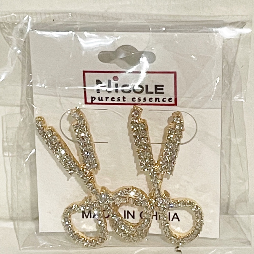 Gold Rhinestone Scissor Earrings‎ Hairdresser Stylist New NWT